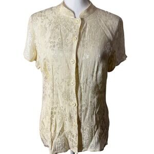 Carole Little Vintage Damask Jacquard Plisse Blouse 12 Yellow Excellent Floral
